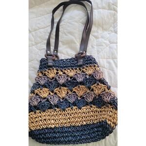Woven Corn Husk Purse Handbag Tote Beach Straw Blue Tan 14x14